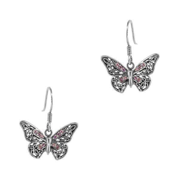 Butterfly Silver Drop Earrings with Purple Stone Setting