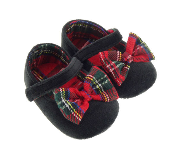 Black Velour Shoes with Tartan Bow