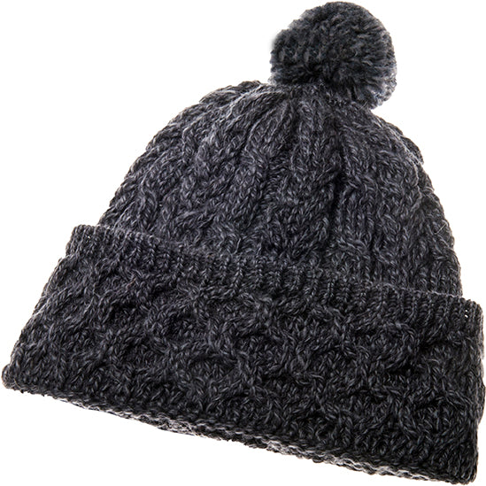 Merino Wool Honeycomb Cable Knit Pom Pom Hat