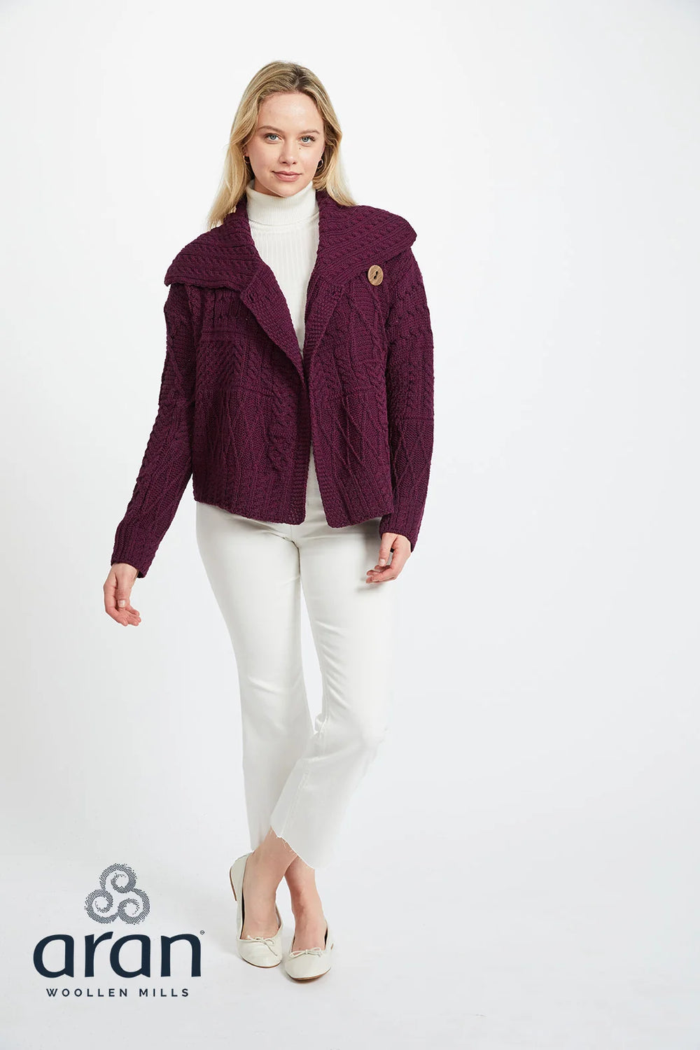 Merino Wool Patchwork Aran Cardigan with Collar