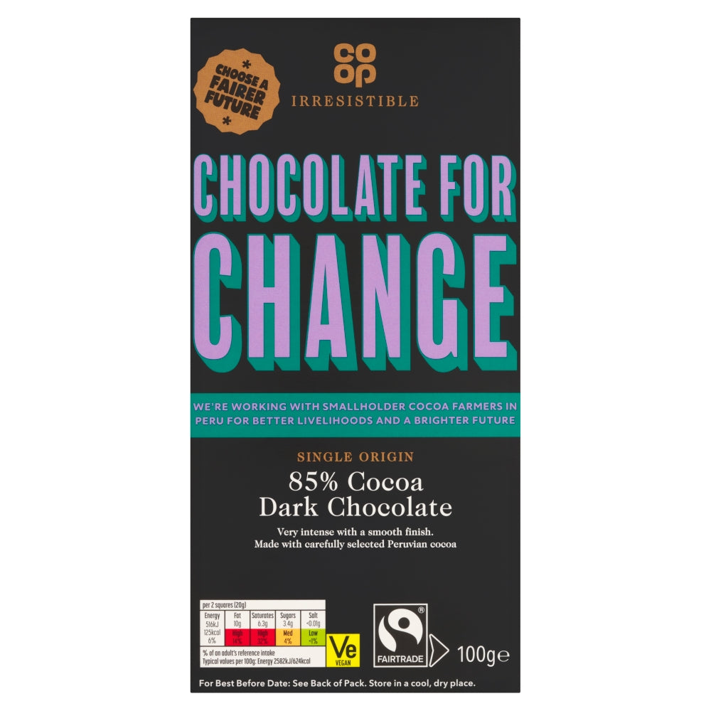 Co Op Irresistible Fairtrade Dark Chocolate Bar 85% 100g