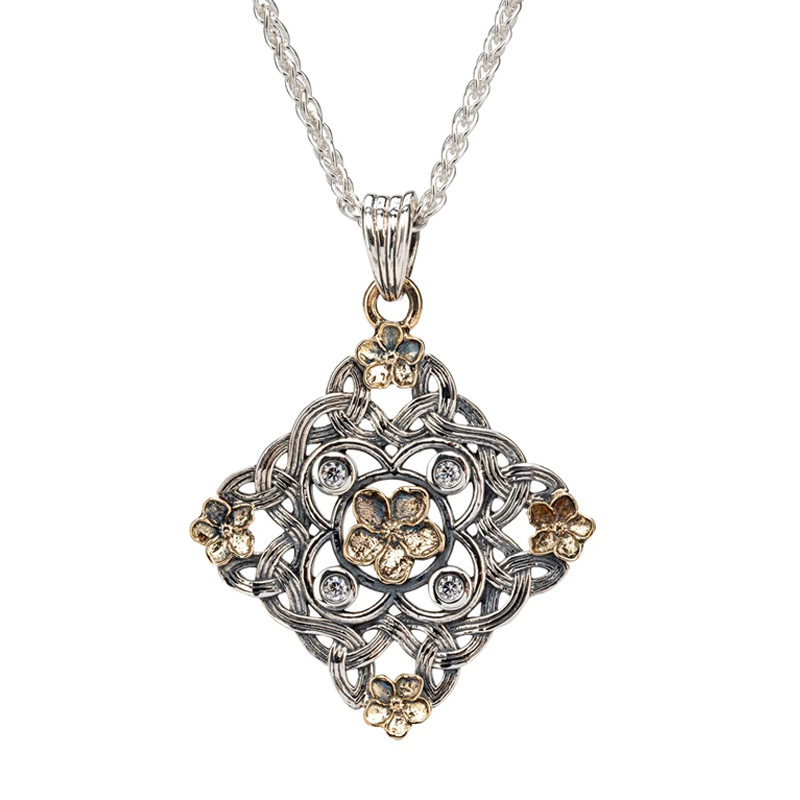 Silver & 10K Gold FORGET-ME-NOT Pendant with Cubic Zerconia