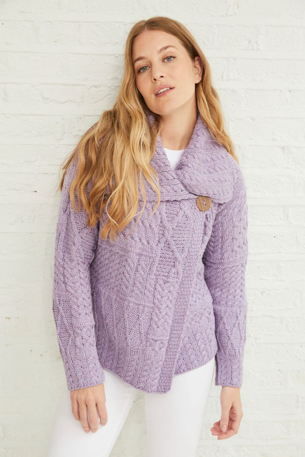 Merino Wool Patchwork Aran Cardigan with Collar