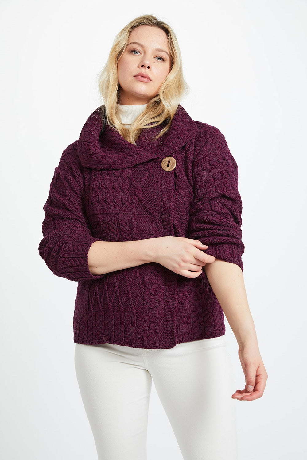 Merino Wool Patchwork Aran Cardigan with Collar