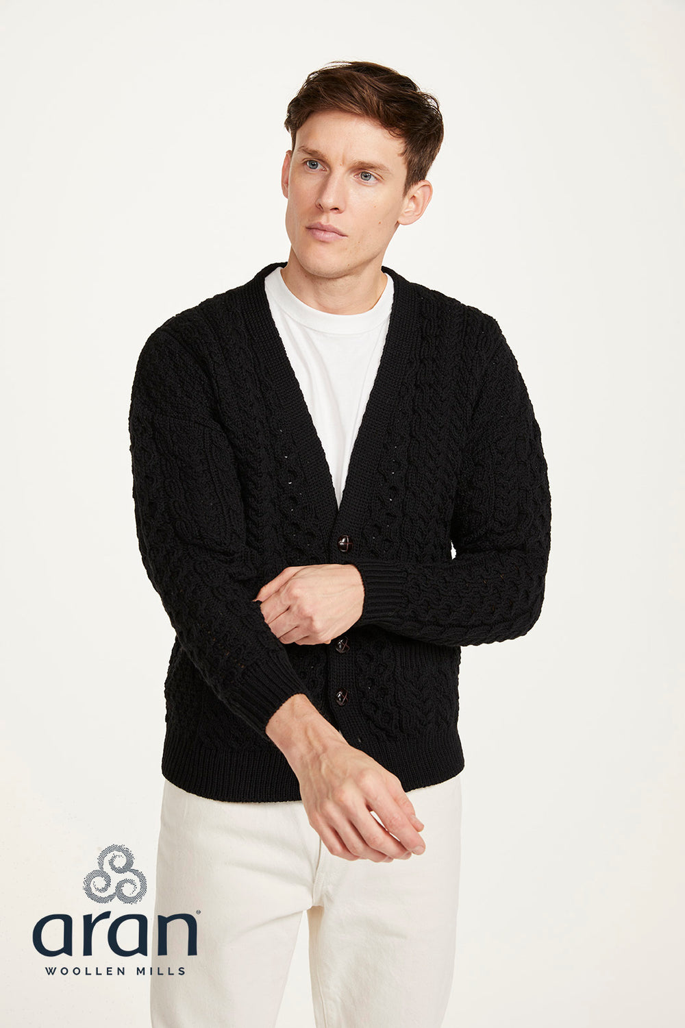 Button Up Black Sweater Over White Shirt Men's Classic Black