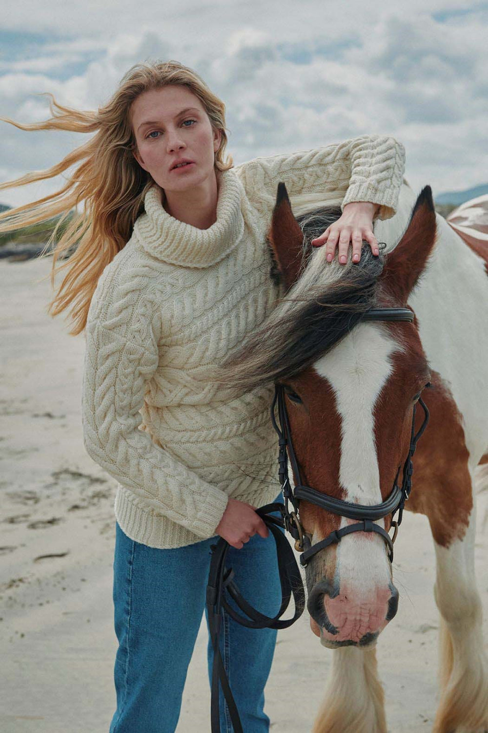 Horizontal Cable Pattern Cowl Neck Sweater