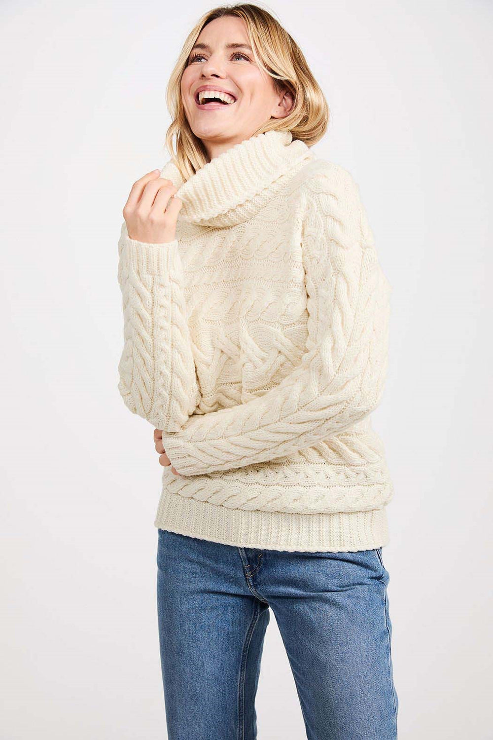 Horizontal Cable Pattern Cowl Neck Sweater