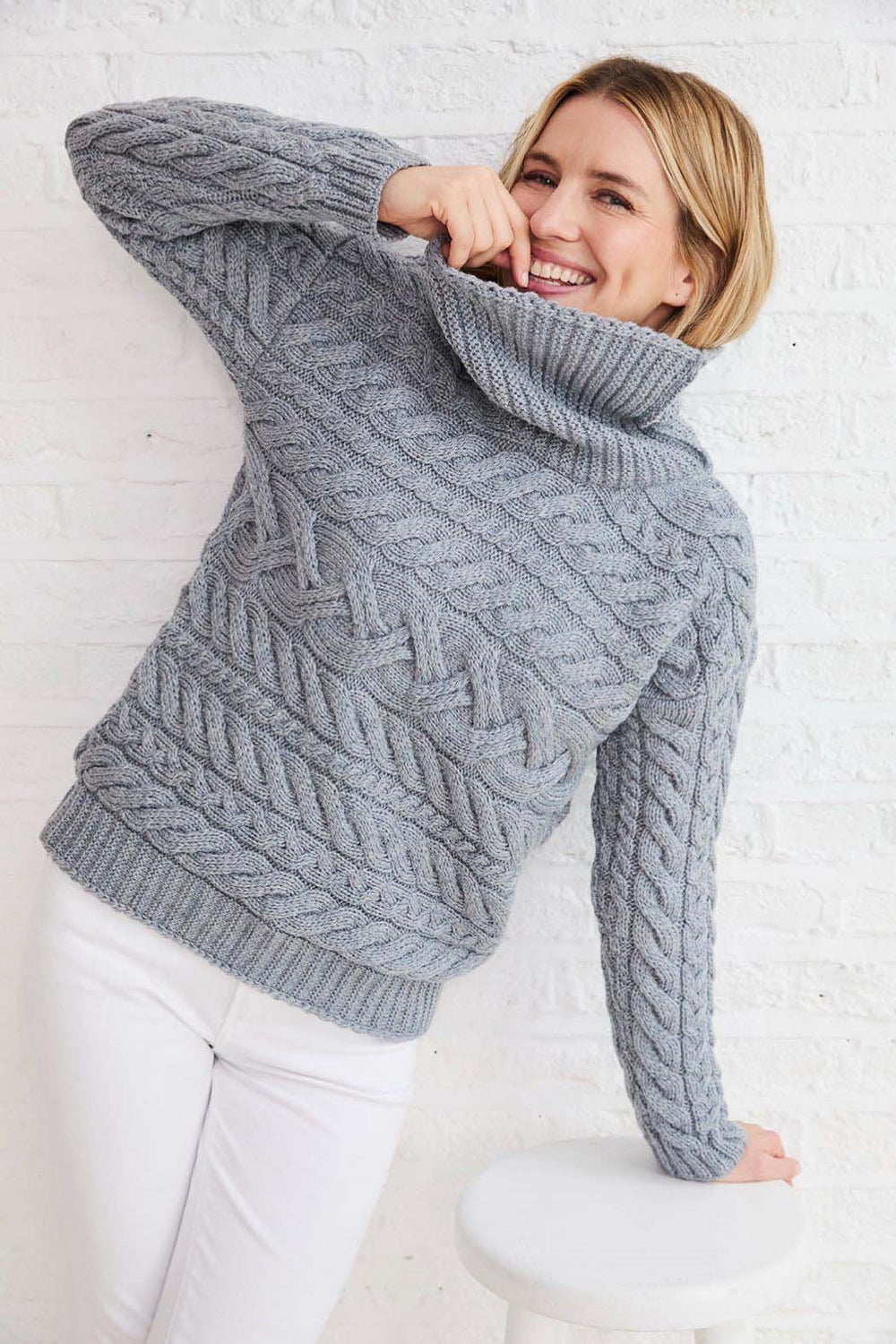 Horizontal Cable Pattern Cowl Neck Sweater