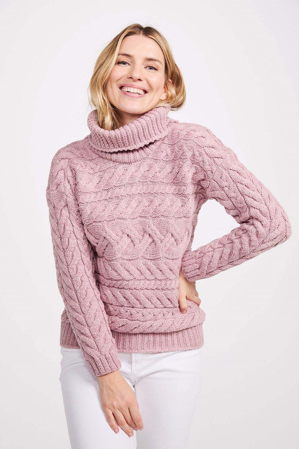 Horizontal Cable Pattern Cowl Neck Sweater