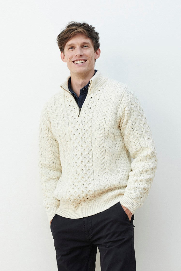 Merino Wool Half Zip Aran Sweater