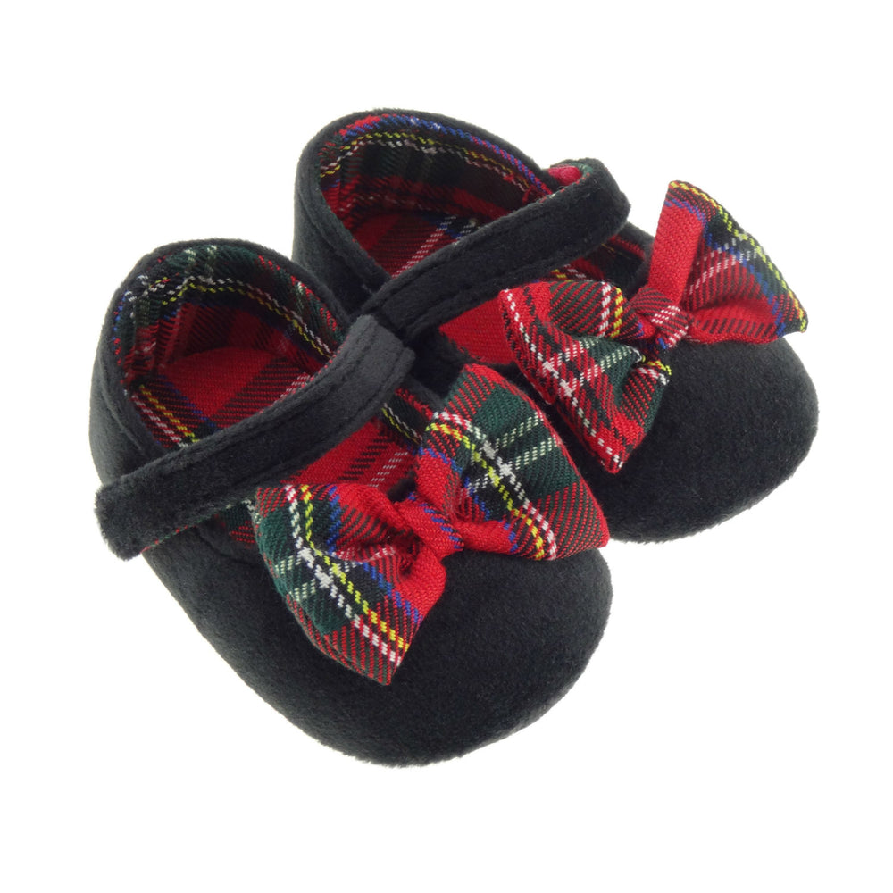 Black Velour Shoes with Tartan Bow