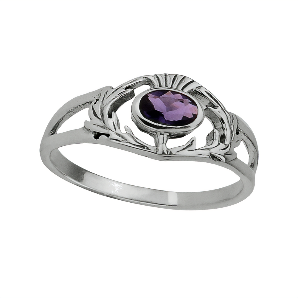 Scottish Thistle Silver Ring With Amethyst Colour Stone
