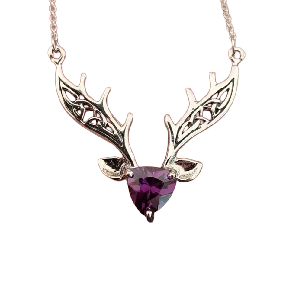 Scottish Highland Silver Stag Necklace with Amethyst Colour Stone