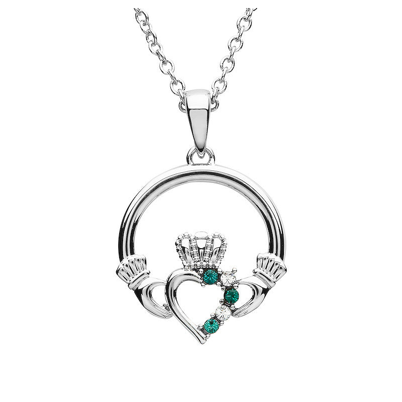 Platinum Plated Claddagh Pendant with Green & White Swarovski Crystals