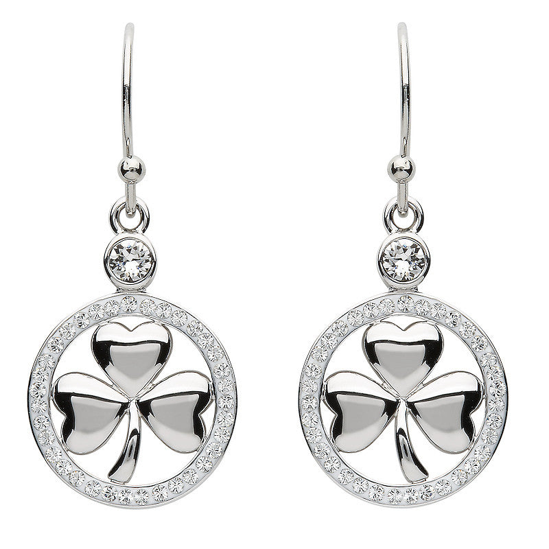 Platinum Plate White Shamrock Earrings Swarovski