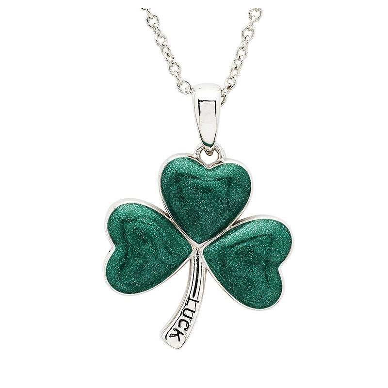 Platinum Plated Shamrock Green Enamel Necklace