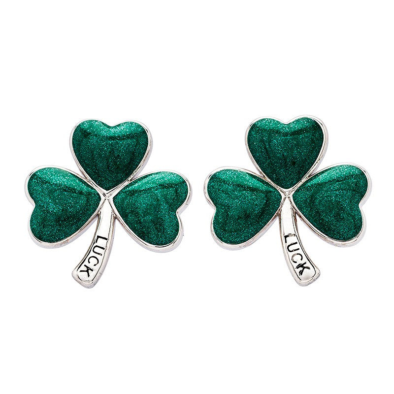 Platinum Plated Shamrock Green Enamel Earrings