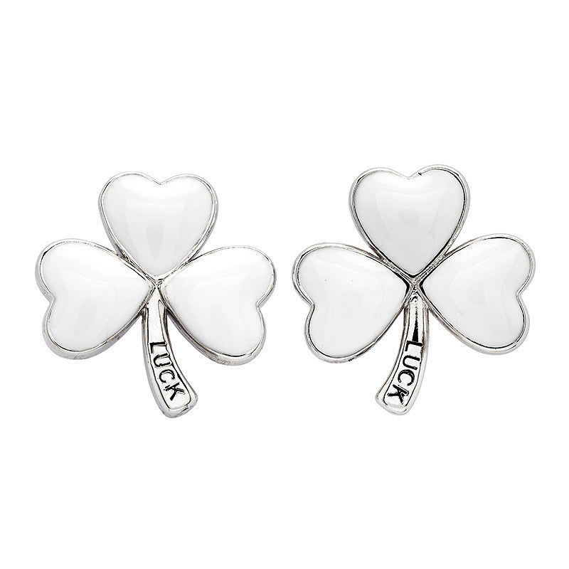 Platinum Plated Shamrock white Enamel Earrings