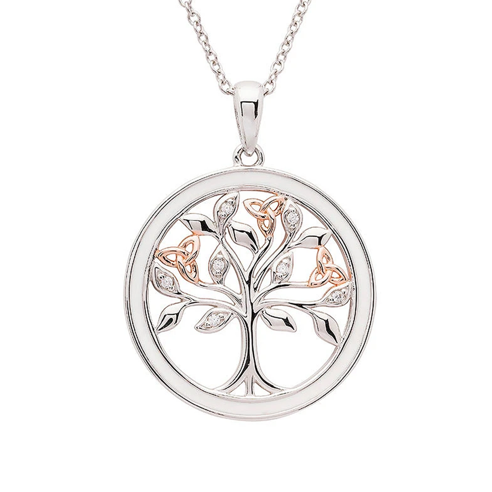 Sterling Silver Celtic Tree of Life Necklace with Enamel Cubic Zirconia and Rose Gold Detail