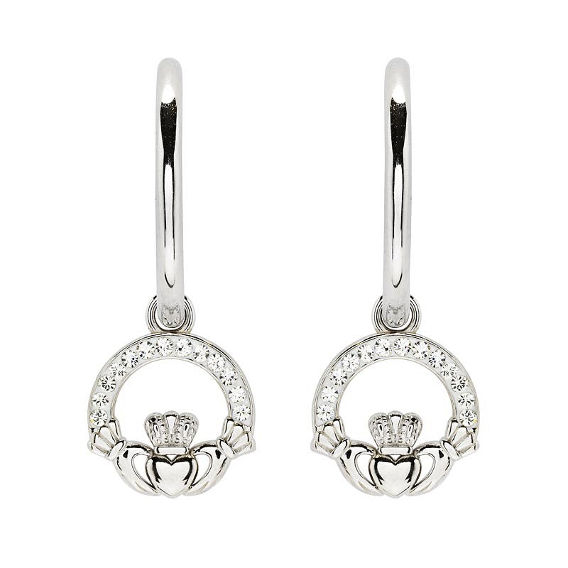 Sterling Silver Crystal Claddagh Hoop Earrings