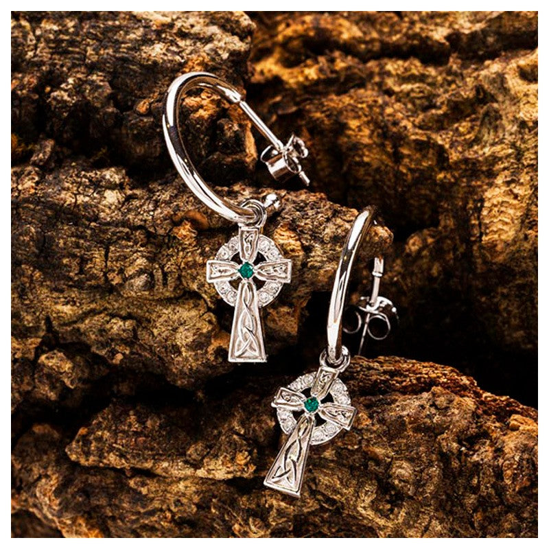 Sterling Silver Crystal Cross Hoop Earrings