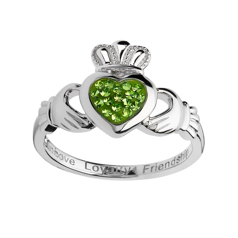 Claddagh Silver Ring Encrusted With Peridot Crystal