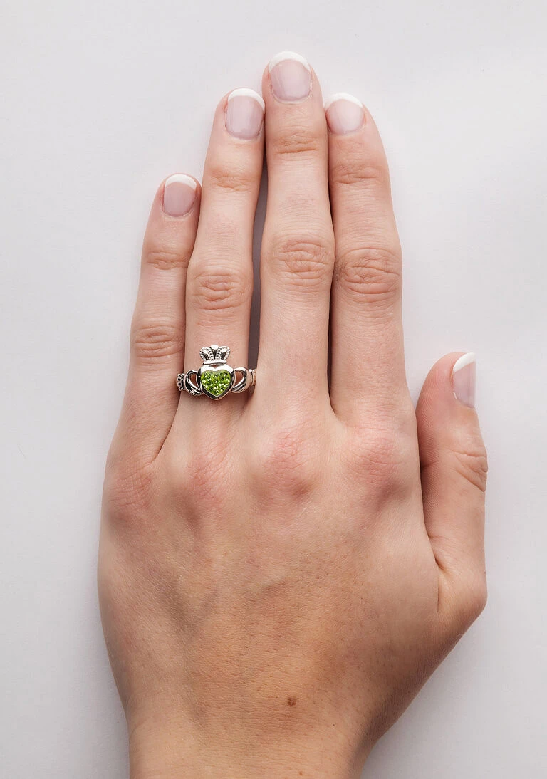Claddagh Silver Ring Encrusted With Peridot Crystal