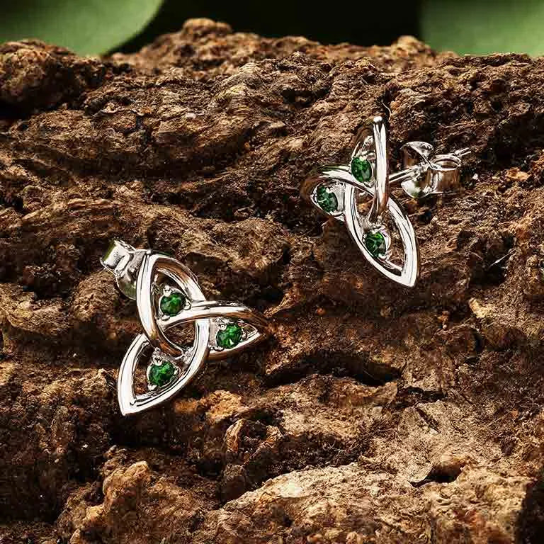 Sterling Silver Green Cubic Zirconia Trinity Knot Stud Earrings