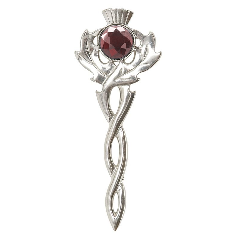 Thistle Kilt Pin with Coloured Stone in Polished Pewter