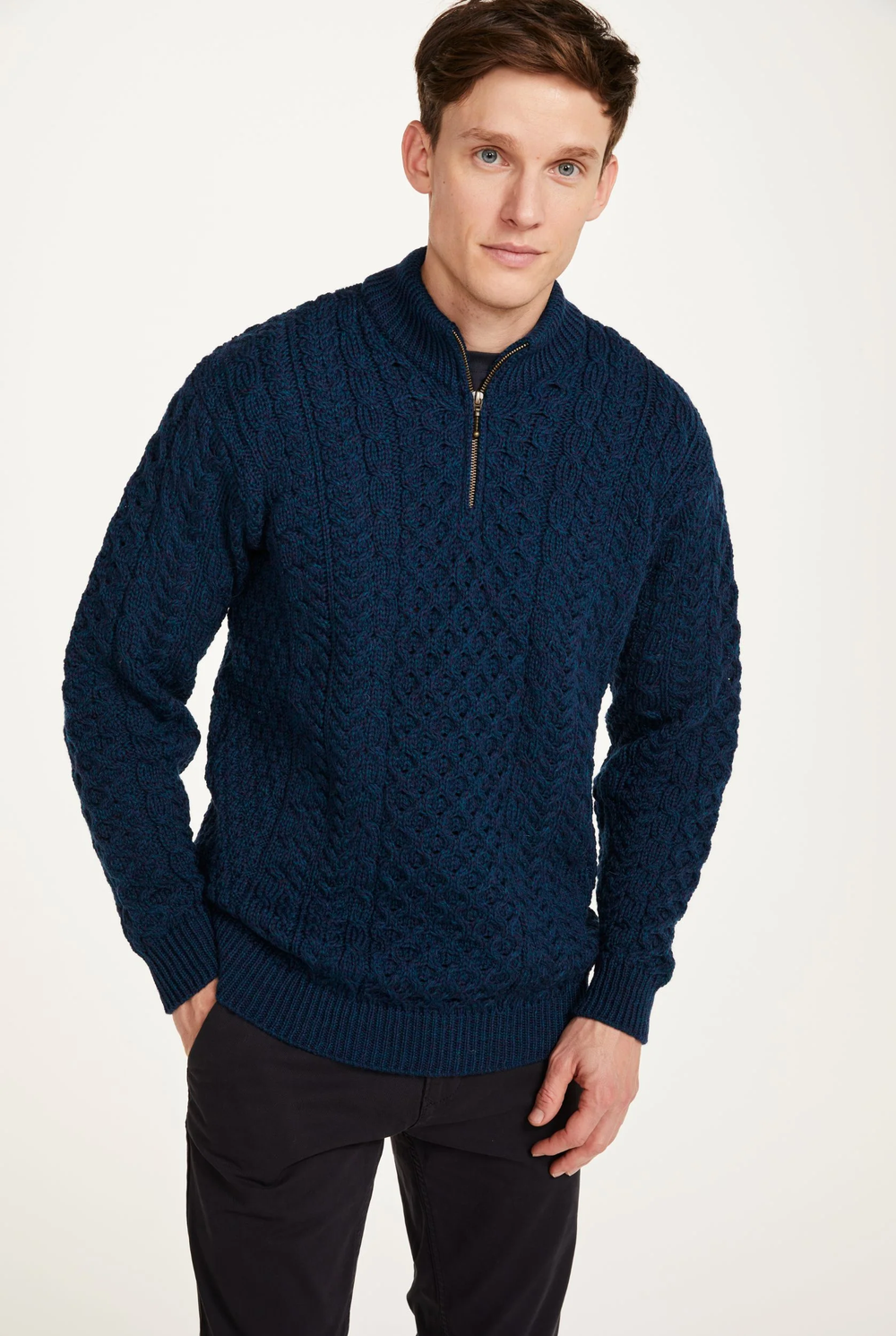 Merino Wool Half Zip Aran Sweater