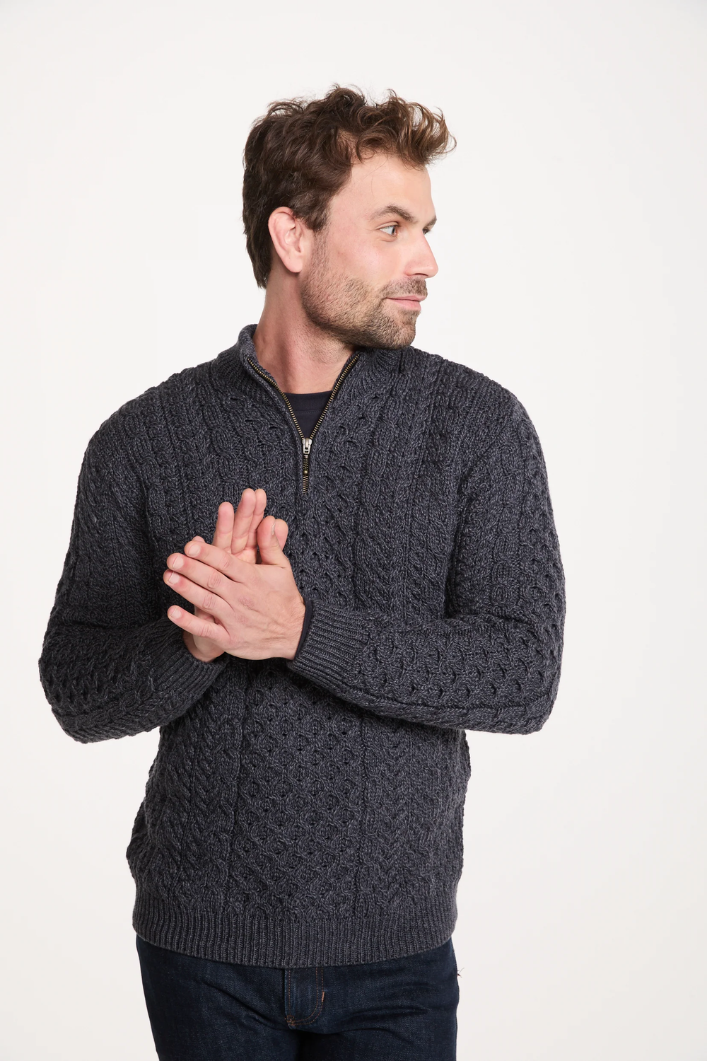 Merino Wool Half Zip Aran Sweater