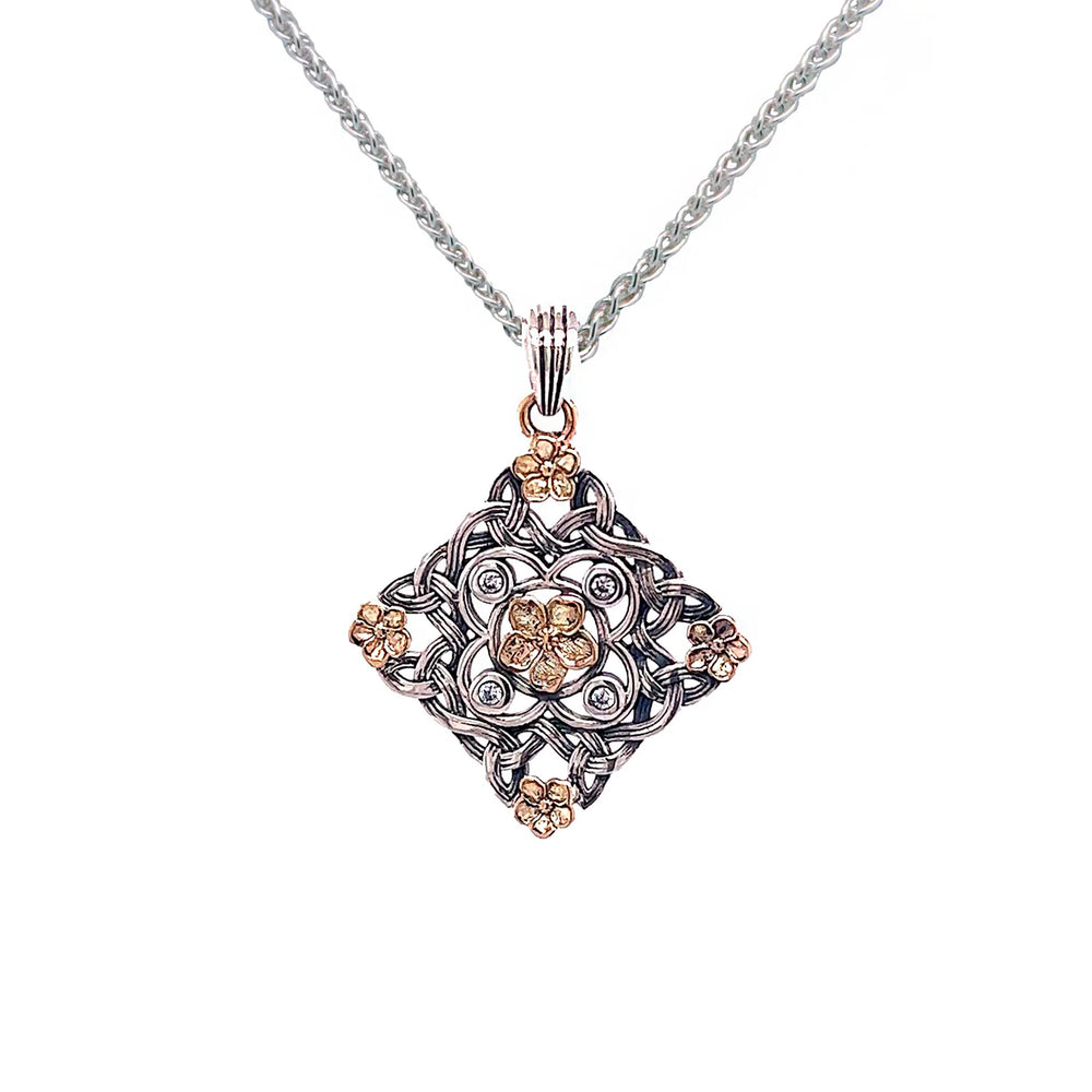 Silver & 10K Gold FORGET-ME-NOT Pendant with Cubic Zerconia