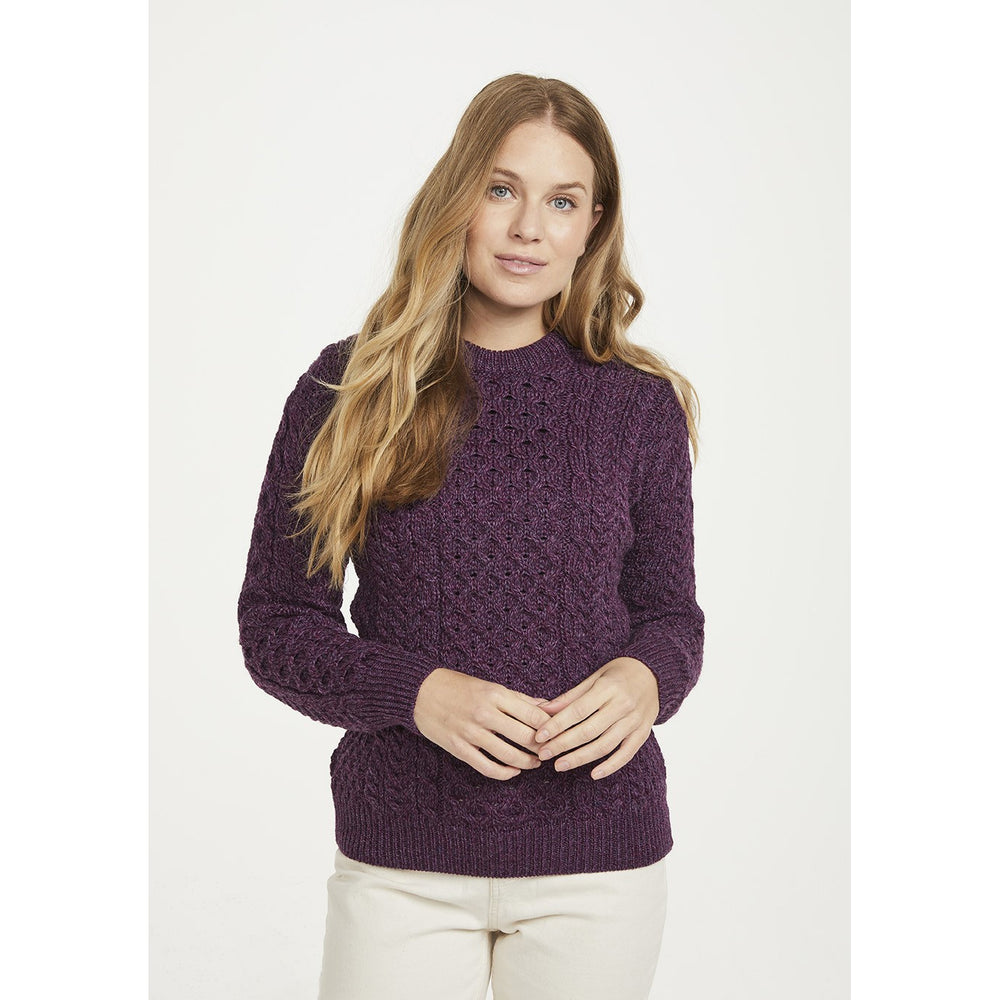 Ladies Merino Wool Crew Neck Aran Sweater