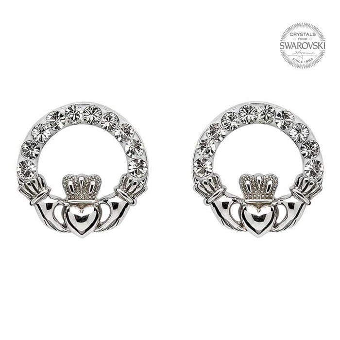 Claddagh Stud Earrings Adorned With Crystals