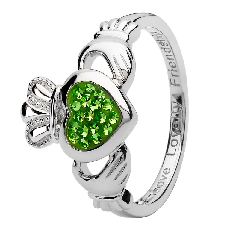 Claddagh Silver Ring Encrusted With Peridot Crystal