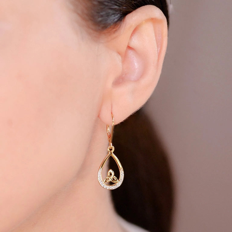 14KT Gold Vermeil Tear Drop Trinity Knot Earrings Studded with White Cubic Zirconias