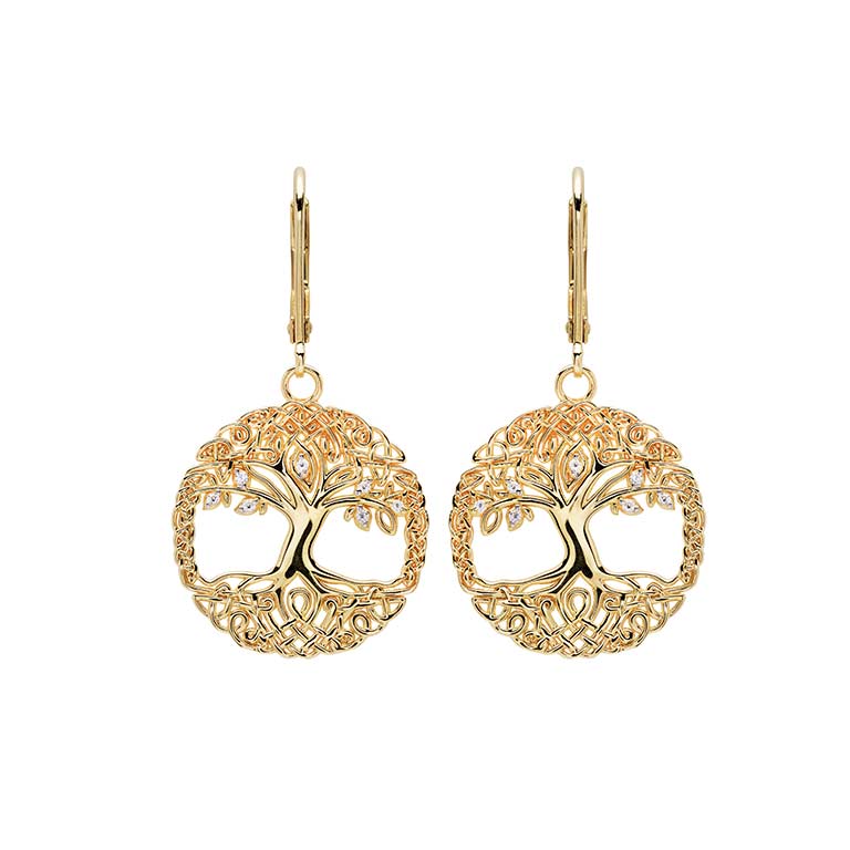 14KT Gold Vermeil Tree of Life Drop Earrings With White Cubic Zirconias