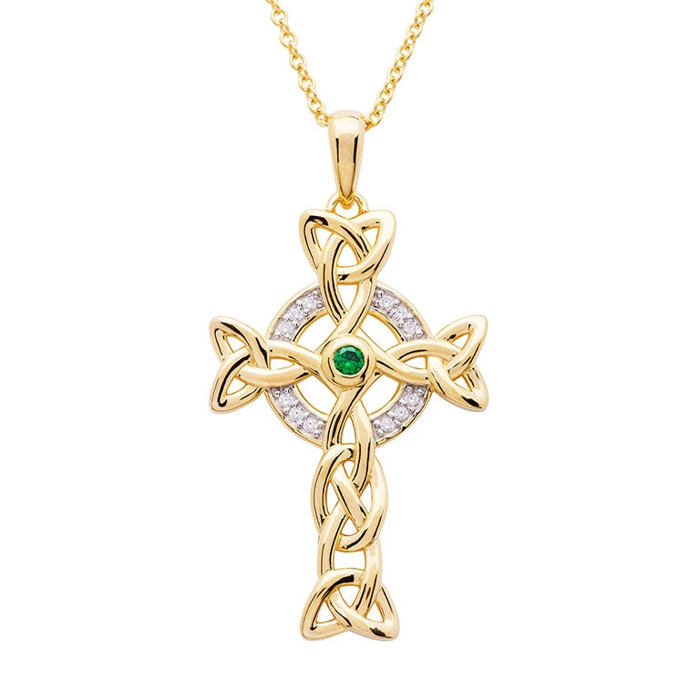 14KT Gold Vermeil Emerald Celtic Cross Necklace embellished with White Cubic Zirconias