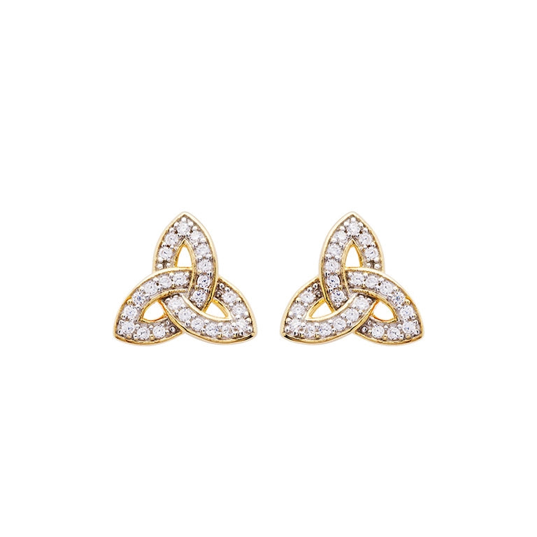 14KT Gold Vermeil Stud Trinity Knot Earrings Adorned with White Cubic Zirconias