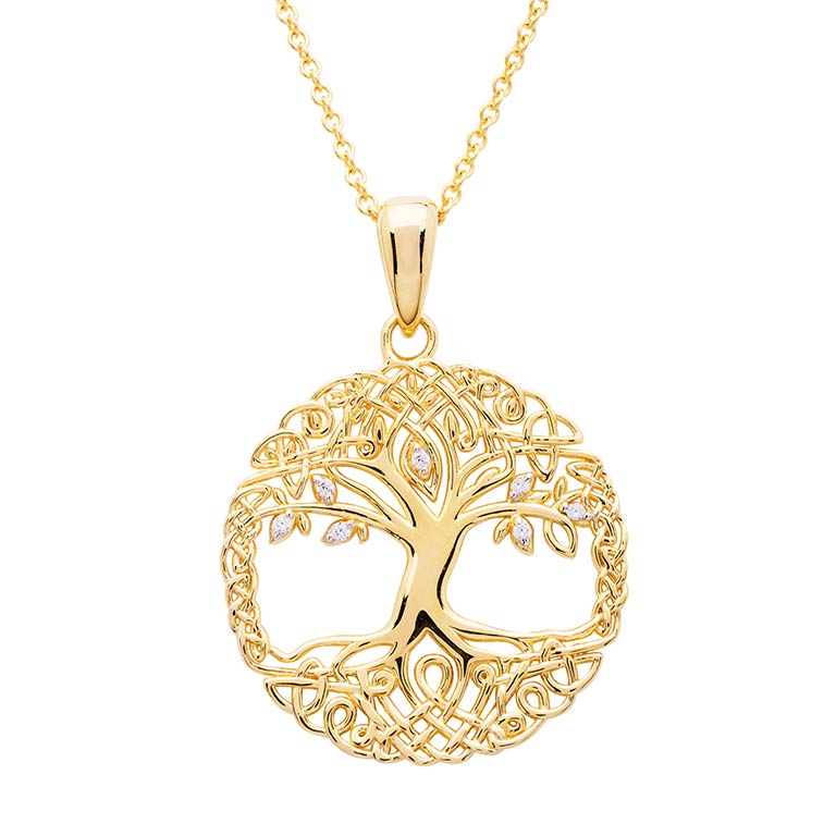 14KT Gold Vermeil Tree of Life Necklace with Cubic Zirconia