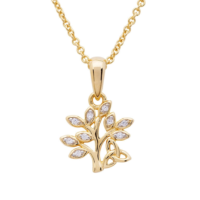 14KT Gold Vermeil Tree of Life Necklace Adorned with White Cubic Zirconias