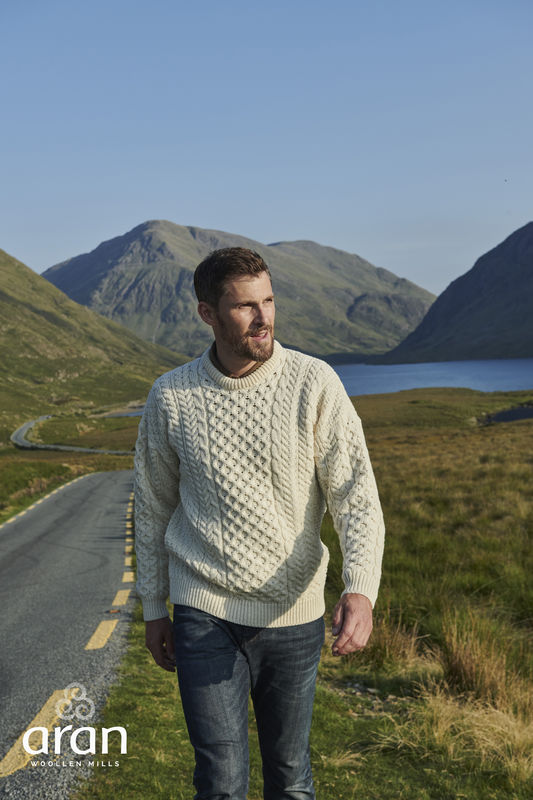 Men's Irish Traditional Aran Merino Wool Pullover Sweater (X-Small