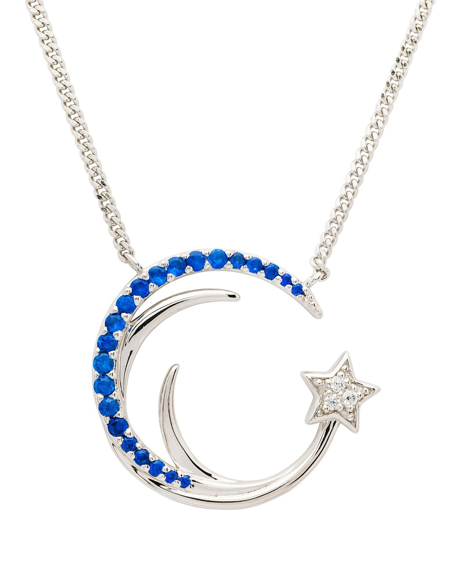 Sterling Silver Moon and Star Pendant with Sapphire Cubic Zirconia