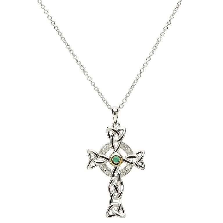 Celtic Trinity Diamond & Emerald Silver Cross Necklace