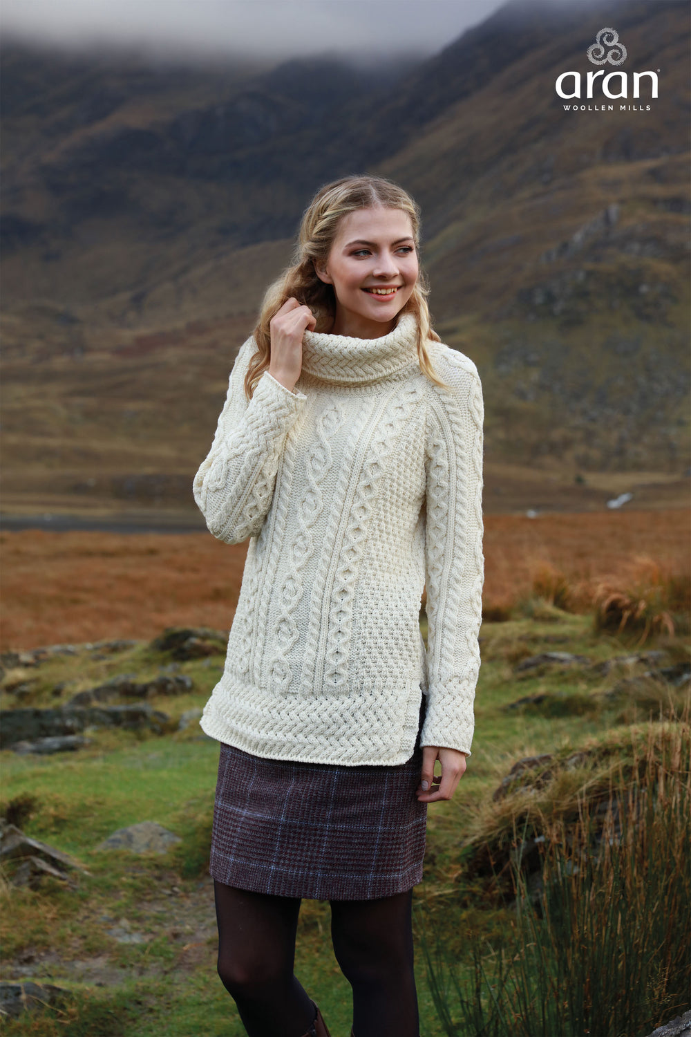 Merino Wool Cowl Neck Tunic Aran Sweater