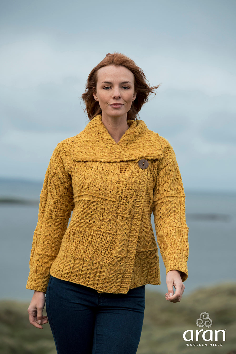 Merino Wool Patchwork Aran Cardigan with Collar — The Scottish and