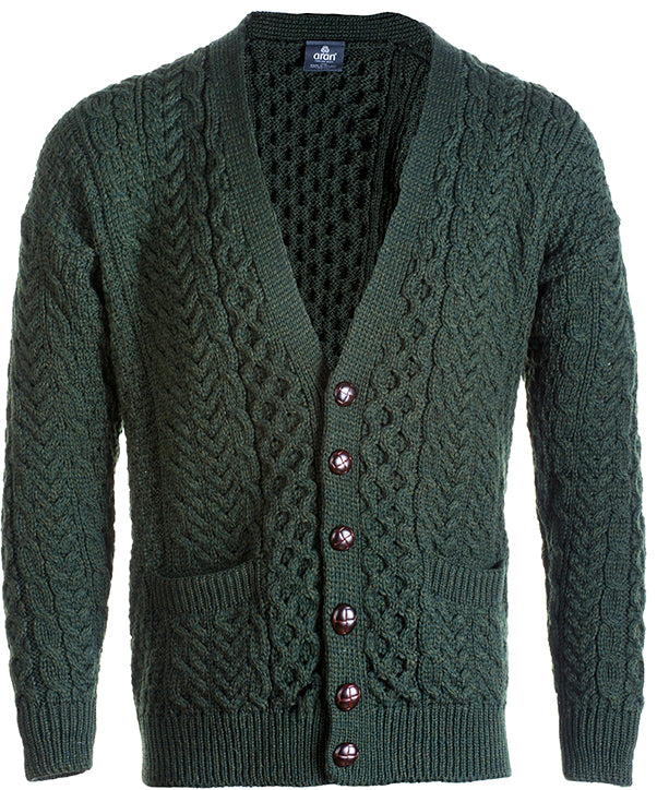 Merino Wool Button Up V-Neck Aran Cardigan - Main Image