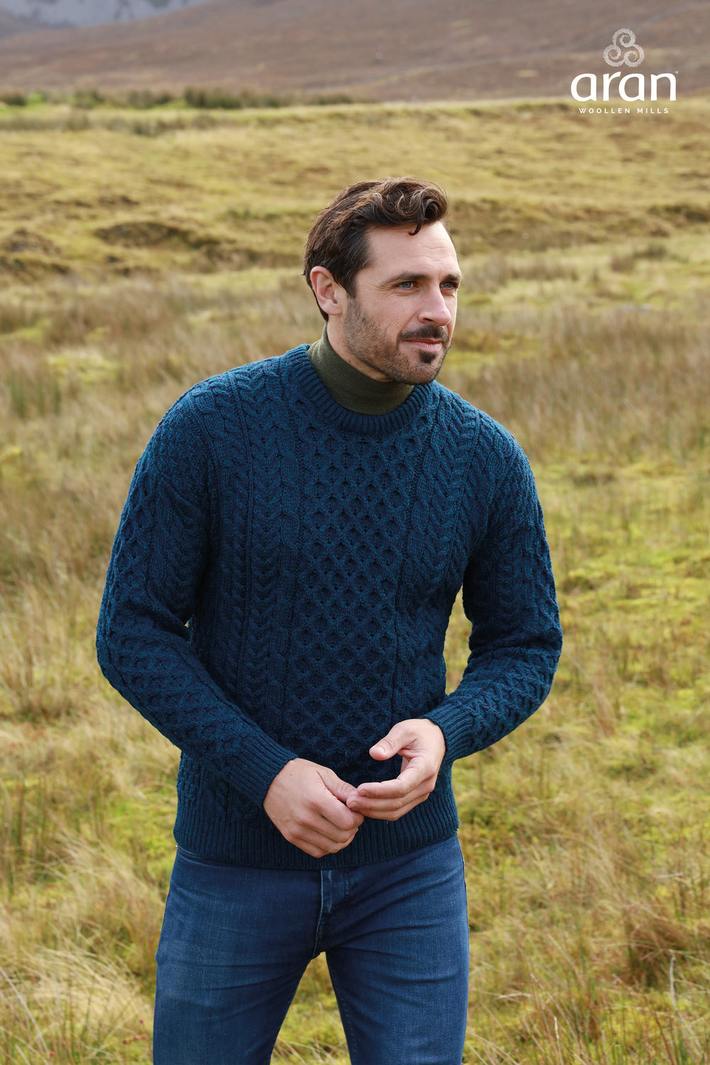 Men's Irish Traditional Aran Merino Wool Pullover Sweater (X-Small, Denim)  at  Men's Clothing store