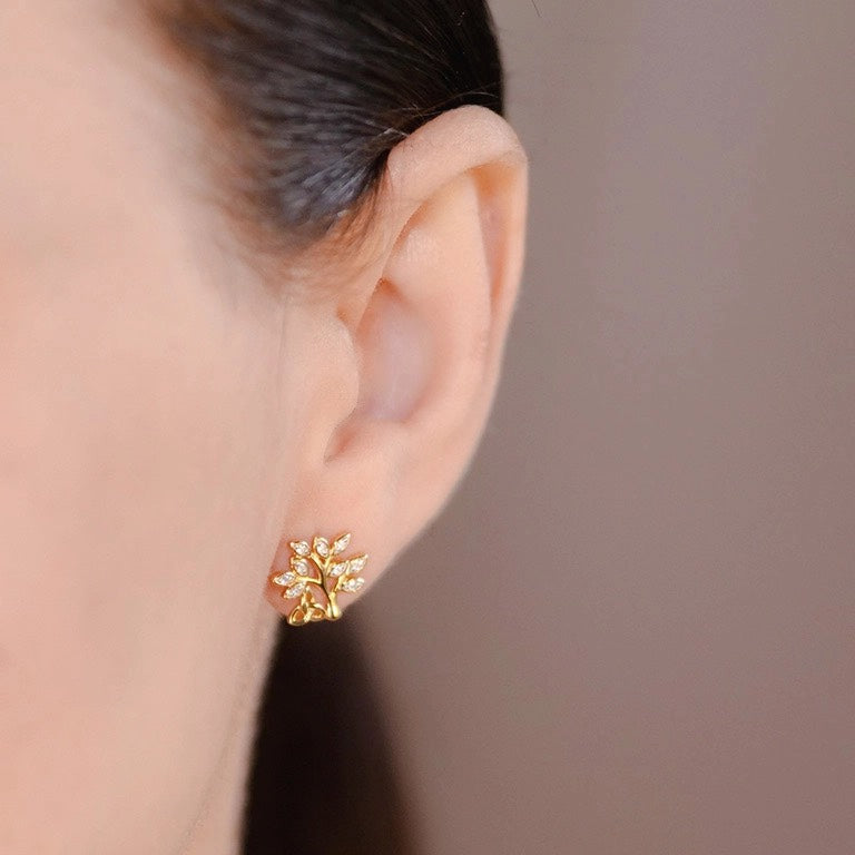 14KT Gold Vermeil Tree of Life Stud Earrings With White Cubic Zirconias