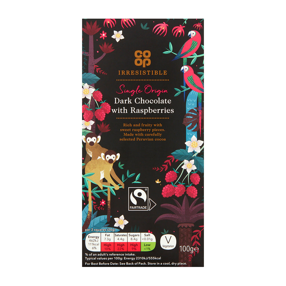 Co Op Single Origin Dark Chocolate with Raspberries Bar